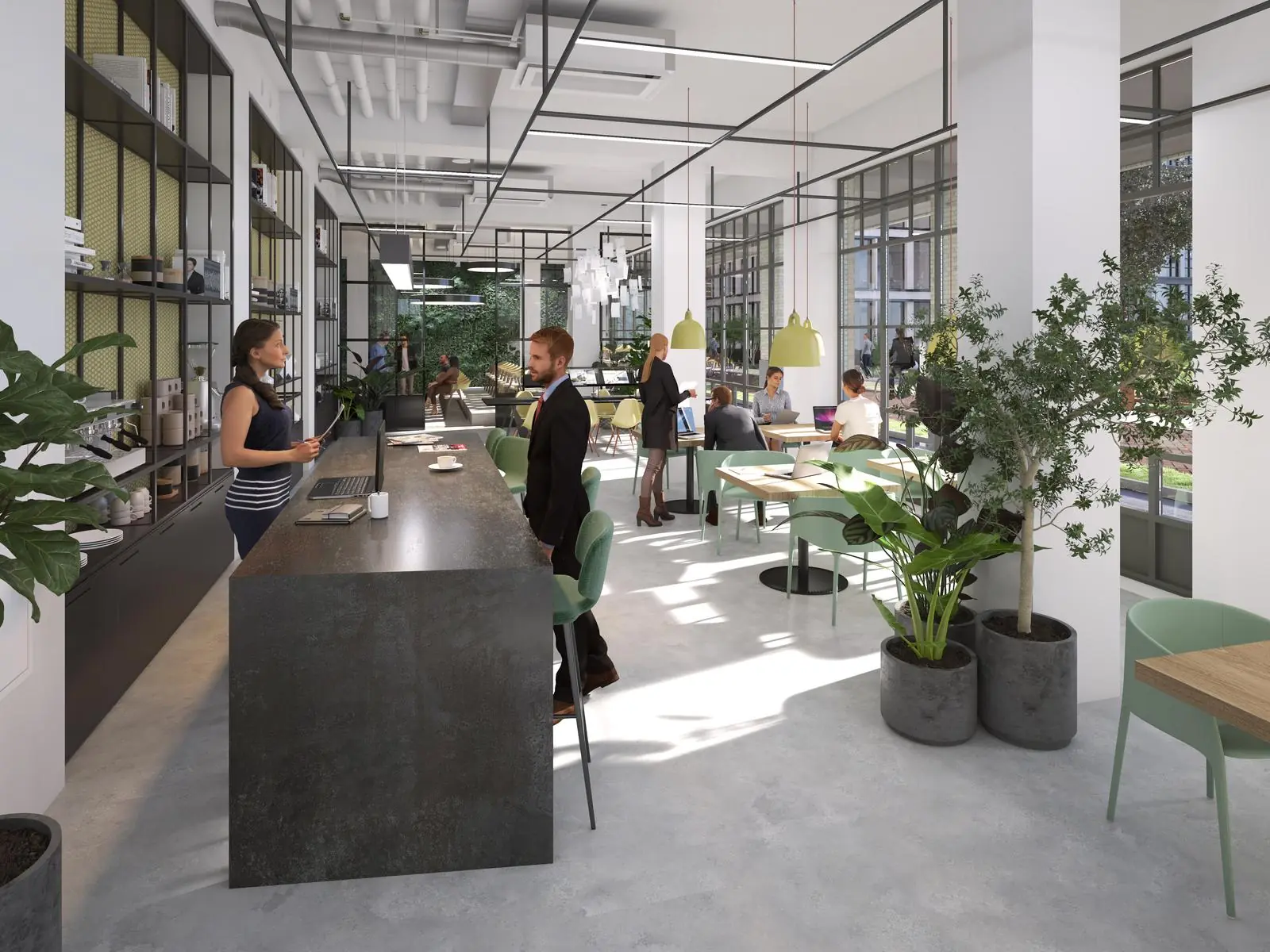 Moderne en lichte kantoorruimte aan de Karl Weisbardstraat met een koffiebar, werkplekken en veel groen.